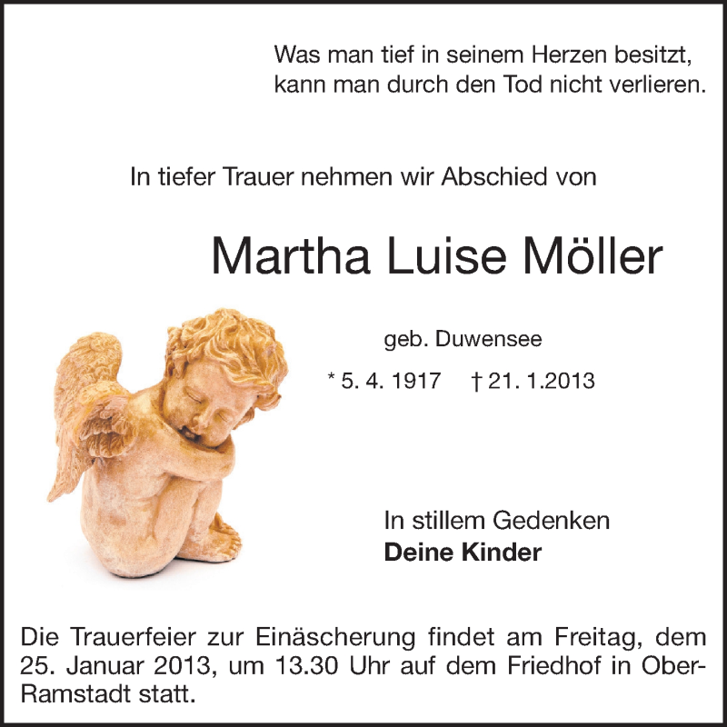  Traueranzeige für Martha Luise Möller vom 24.01.2013 aus Darmstädter Echo, Odenwälder Echo, Rüsselsheimer Echo, Groß-Gerauer-Echo, Ried Echo