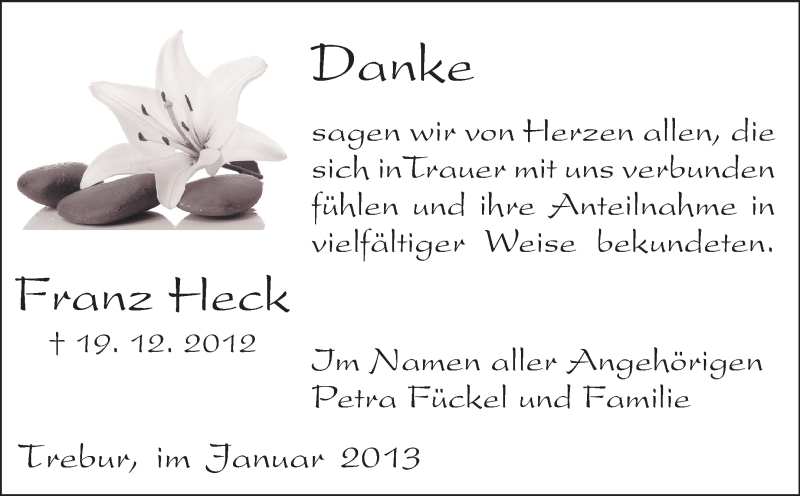  Traueranzeige für Franz Heck vom 24.01.2013 aus Rüsselsheimer Echo, Groß-Gerauer-Echo, Ried Echo