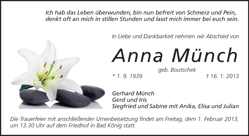  Traueranzeige für Anna Münch vom 30.01.2013 aus Odenwälder Echo