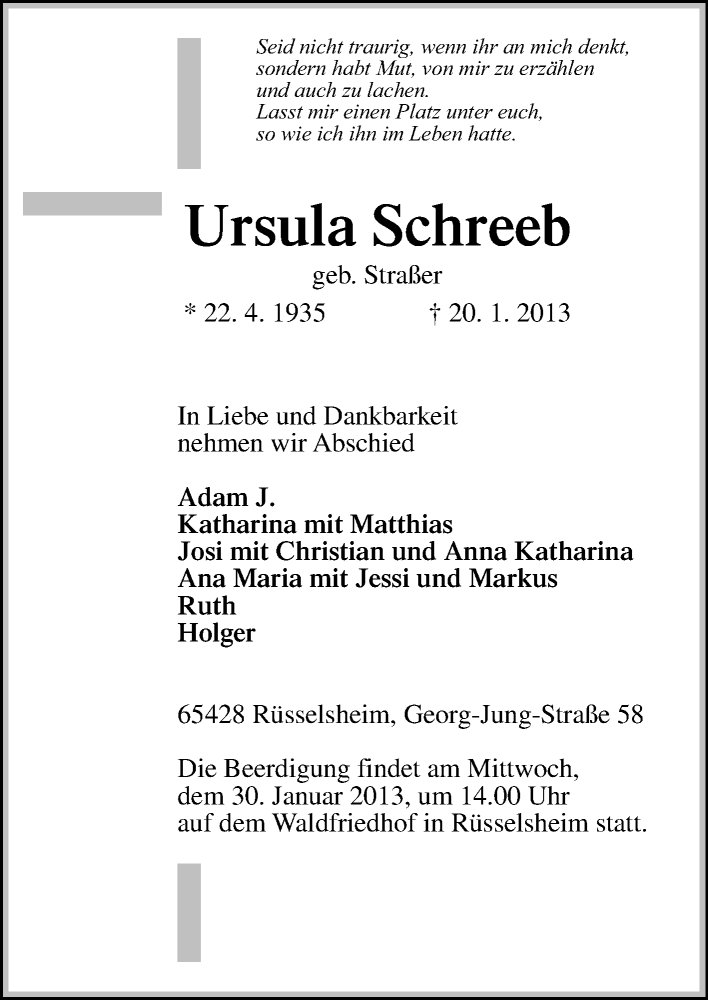  Traueranzeige für Ursula Schreeb vom 26.01.2013 aus Rüsselsheimer Echo, Groß-Gerauer-Echo, Ried Echo