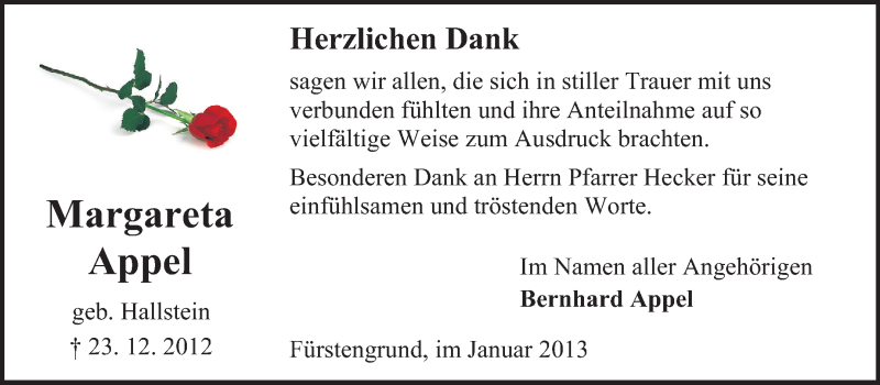  Traueranzeige für Margareta Appel vom 26.01.2013 aus Odenwälder Echo