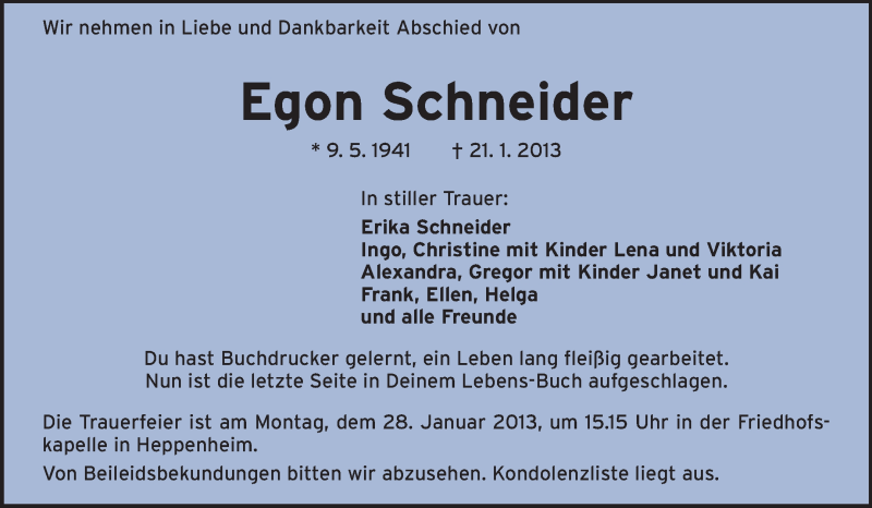  Traueranzeige für Egon Schneider vom 26.01.2013 aus Starkenburger Echo