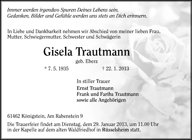  Traueranzeige für Gisela Trautmann vom 26.01.2013 aus Rüsselsheimer Echo, Groß-Gerauer-Echo, Ried Echo