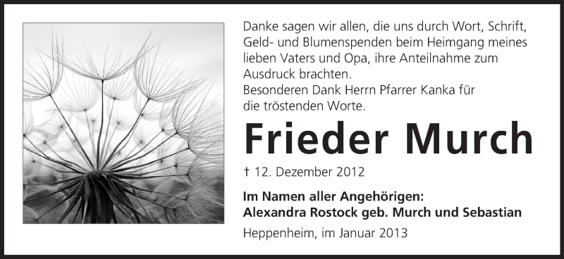  Traueranzeige für Frieder Murch vom 26.01.2013 aus Starkenburger Echo