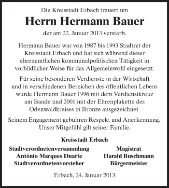 Traueranzeige von Hermann Bauer von Odenwälder Echo