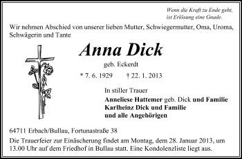 Traueranzeige von Anna Dick von Odenwälder Echo