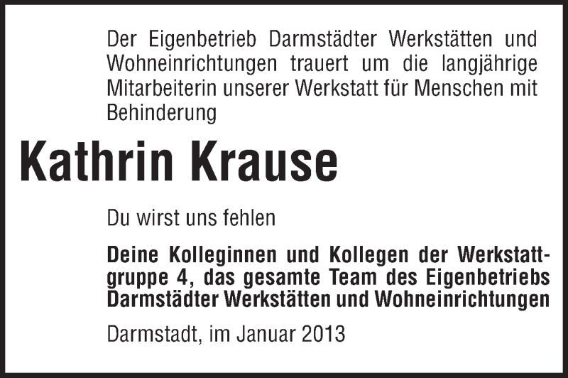  Traueranzeige für Kathrin Krause vom 28.01.2013 aus Echo-Zeitungen (Gesamtausgabe)