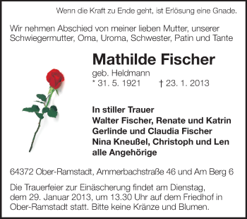 Traueranzeige von Mathilde Fischer von Echo-Zeitungen (Gesamtausgabe)