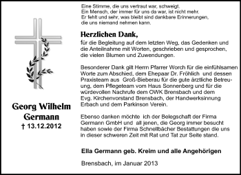Traueranzeige von Georg Wilhelm Germann von Echo-Zeitungen (Gesamtausgabe)