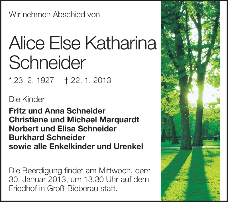  Traueranzeige für Alice Else Katharina Schneider vom 26.01.2013 aus Darmstädter Echo