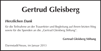 Traueranzeige von Gertrud Gleisberg von Darmstädter Echo, Odenwälder Echo, Rüsselsheimer Echo, Groß-Gerauer-Echo, Ried Echo