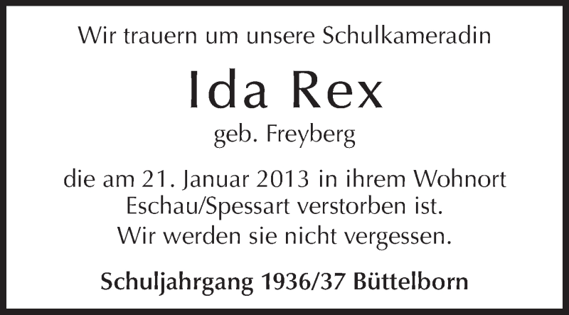  Traueranzeige für Ida Rex vom 26.01.2013 aus Rüsselsheimer Echo, Groß-Gerauer-Echo, Ried Echo
