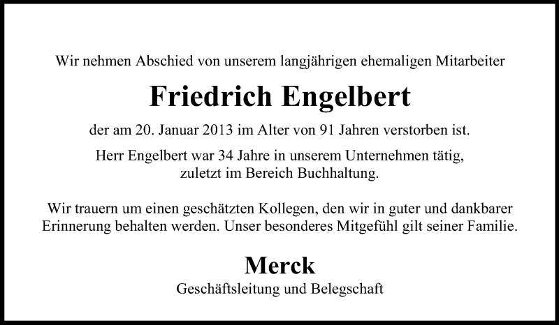  Traueranzeige für Friedrich Engelbert vom 26.01.2013 aus Echo-Zeitungen (Gesamtausgabe)