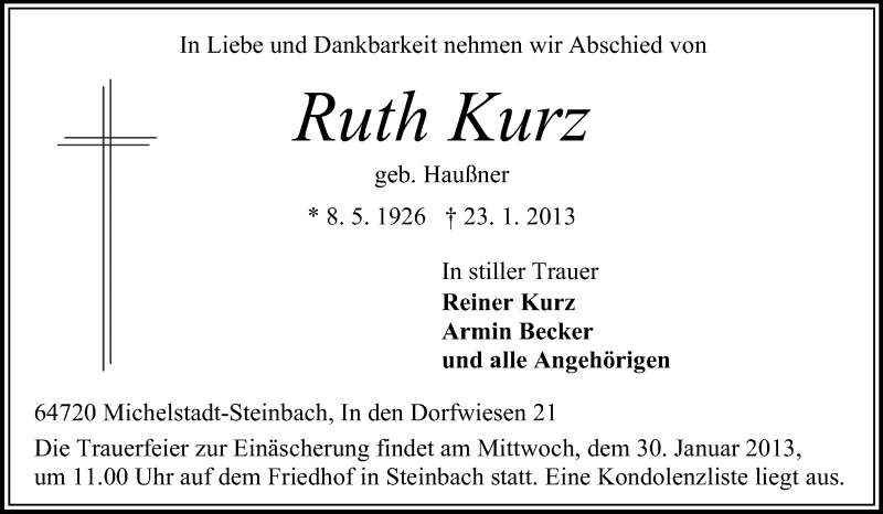  Traueranzeige für Ruth Kurz vom 26.01.2013 aus Odenwälder Echo