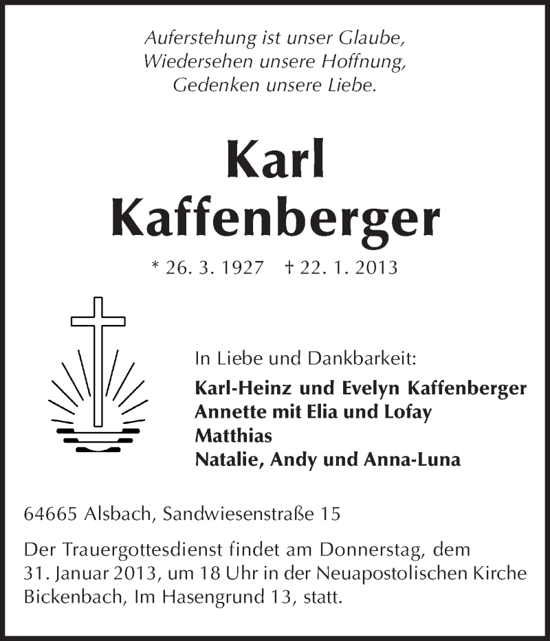  Traueranzeige für Karl Kaffenberger vom 26.01.2013 aus Echo-Zeitungen (Gesamtausgabe)