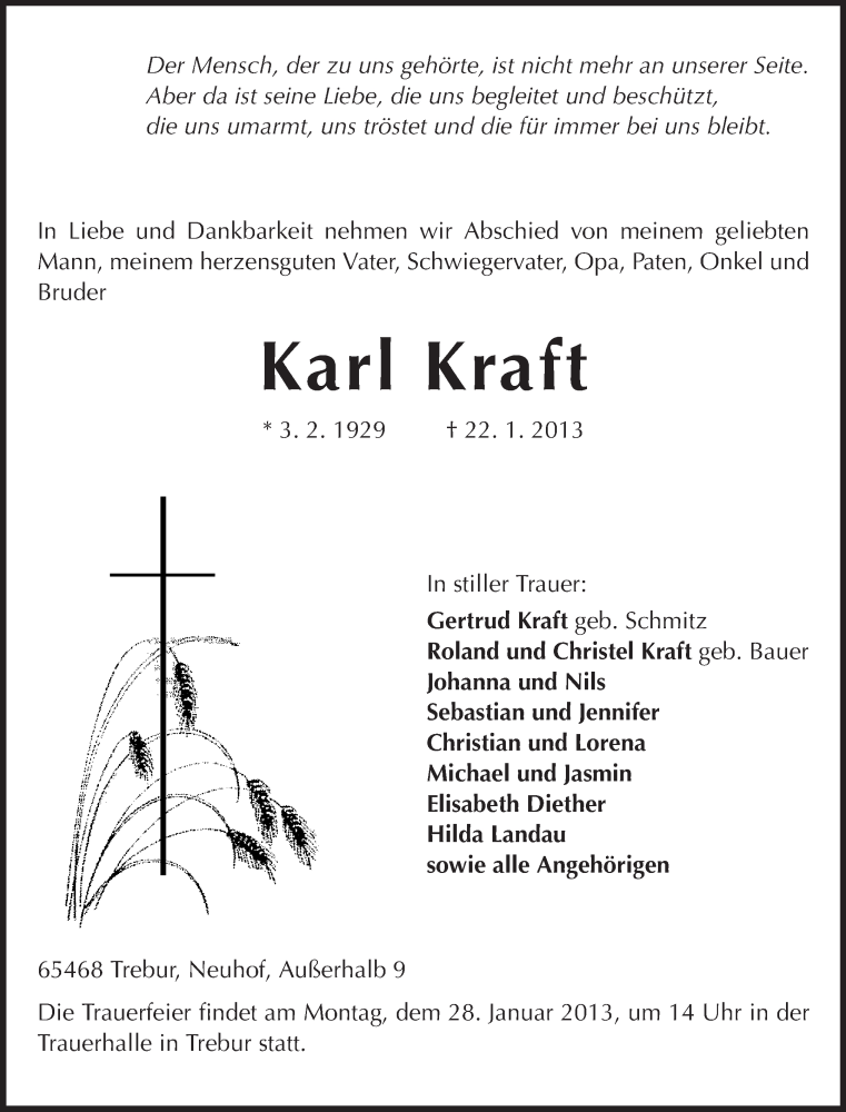  Traueranzeige für Karl Kraft vom 26.01.2013 aus Rüsselsheimer Echo, Groß-Gerauer-Echo, Ried Echo