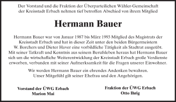 Traueranzeige von Hermann Bauer von Odenwälder Echo