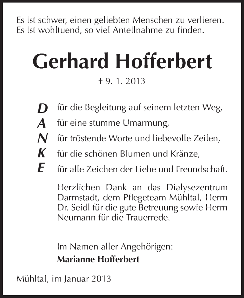  Traueranzeige für Gerhard Hofferbert vom 26.01.2013 aus Echo-Zeitungen (Gesamtausgabe)