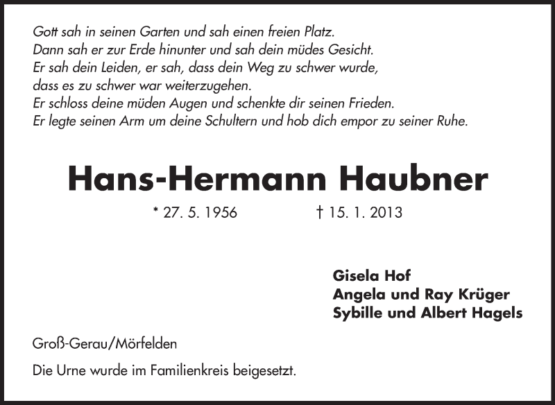  Traueranzeige für Hans-Hermann Haubner vom 30.01.2013 aus Rüsselsheimer Echo, Groß-Gerauer-Echo, Ried Echo