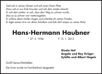 Traueranzeige von Hans-Hermann Haubner von Rüsselsheimer Echo, Groß-Gerauer-Echo, Ried Echo