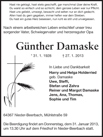Traueranzeige von Günther Damaske von Echo-Zeitungen (Gesamtausgabe)