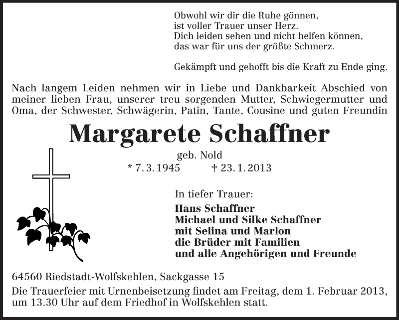  Traueranzeige für Margarete Schaffner vom 29.01.2013 aus Rüsselsheimer Echo, Groß-Gerauer-Echo, Ried Echo