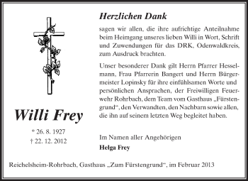 Traueranzeige von Willi Frey von Echo-Zeitungen (Gesamtausgabe)