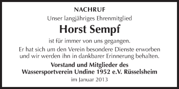 Traueranzeige von Horst Sempf von Rüsselsheimer Echo, Groß-Gerauer-Echo, Ried Echo