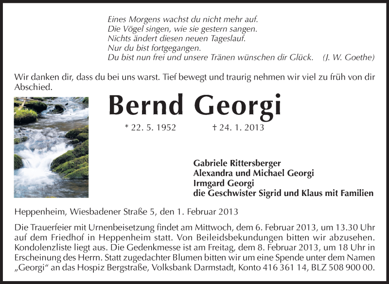  Traueranzeige für Bernd Georgi vom 01.02.2013 aus Starkenburger Echo