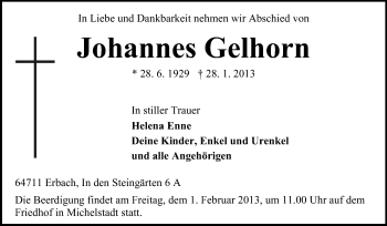 Traueranzeige von Johannes Gelhorn von Odenwälder Echo