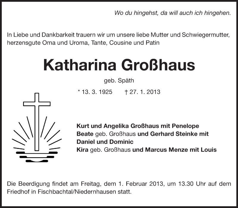  Traueranzeige für Katharina Großhaus vom 30.01.2013 aus Echo-Zeitungen (Gesamtausgabe)