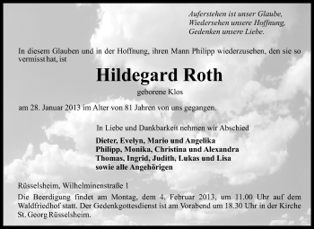 Traueranzeige von Hildegard Roth von Rüsselsheimer Echo, Groß-Gerauer-Echo, Ried Echo