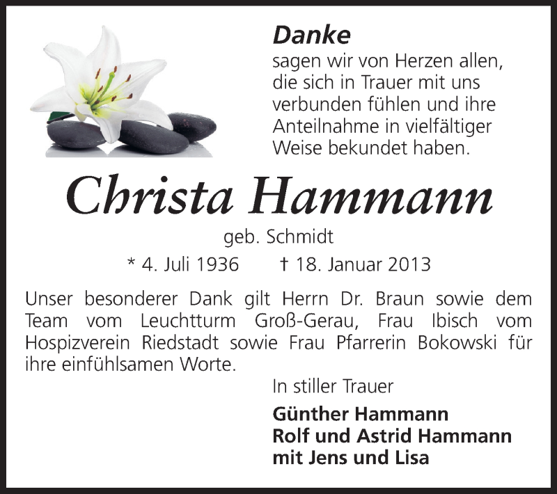  Traueranzeige für Christa Hammann vom 30.01.2013 aus Rüsselsheimer Echo, Groß-Gerauer-Echo, Ried Echo