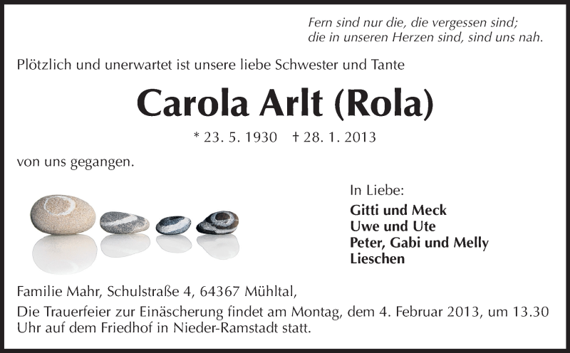  Traueranzeige für Carola Arlt vom 31.01.2013 aus Echo-Zeitungen (Gesamtausgabe)