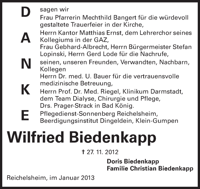  Traueranzeige für Wilfried Biedenkap vom 02.02.2013 aus Odenwälder Echo