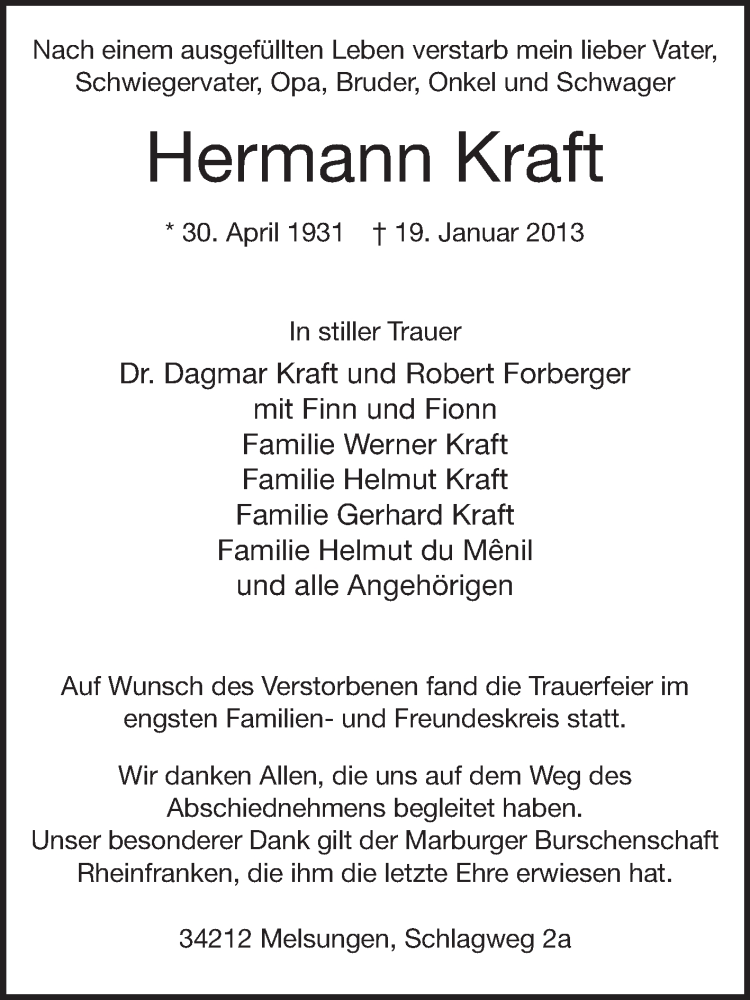 Traueranzeige für Hermann Kraft vom 02.02.2013 aus Rüsselsheimer Echo, Groß-Gerauer-Echo, Ried Echo