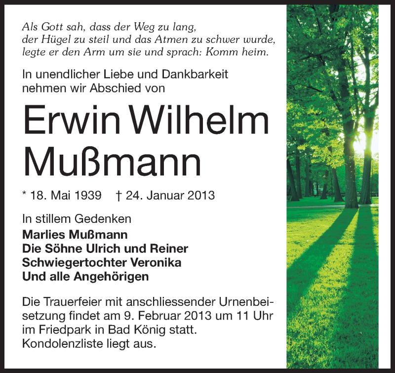  Traueranzeige für Erwin Wilhelm Mußmann vom 06.02.2013 aus Odenwälder Echo