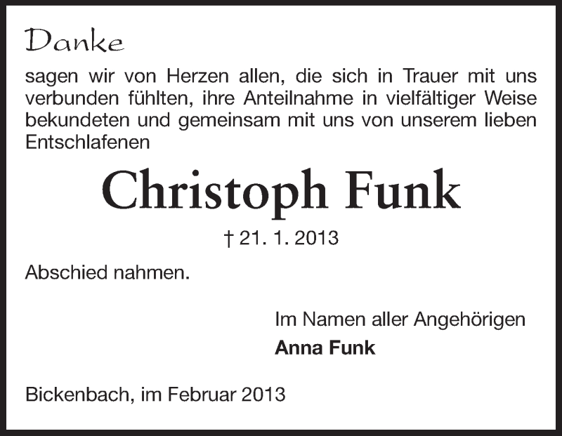  Traueranzeige für Christoph Funk vom 02.02.2013 aus Echo-Zeitungen (Gesamtausgabe)