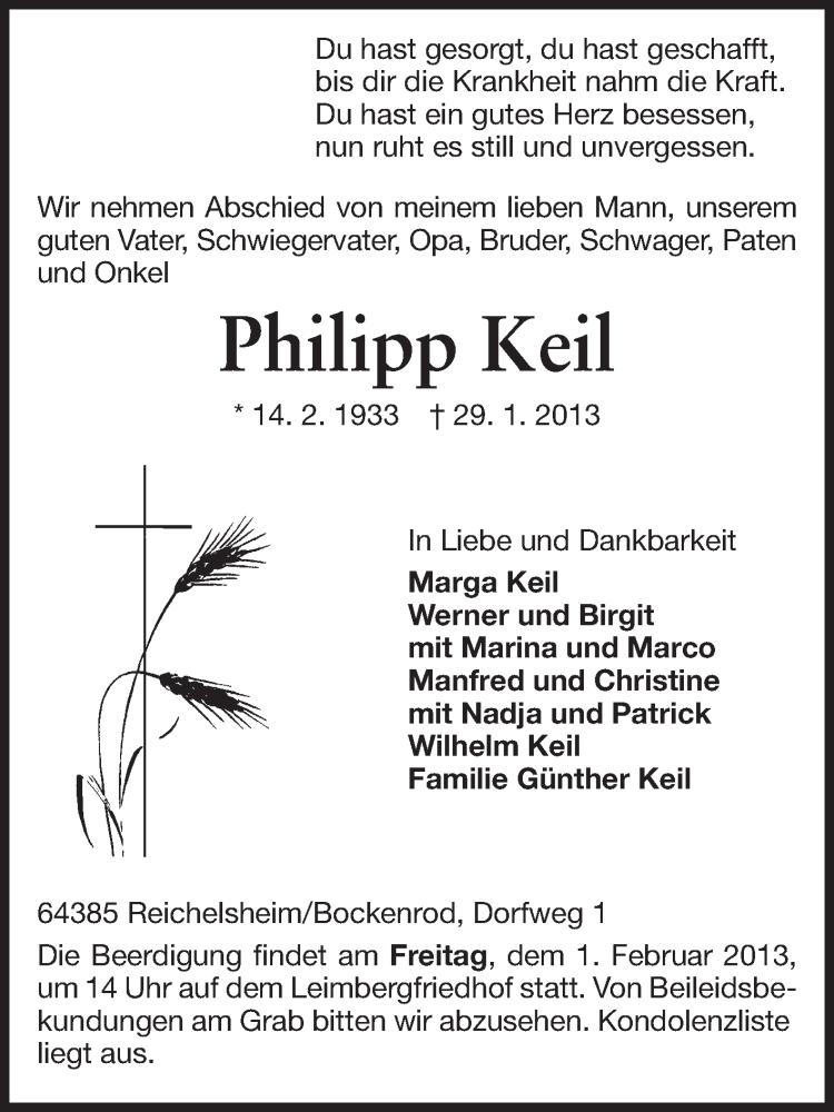  Traueranzeige für Philipp Keil vom 31.01.2013 aus Odenwälder Echo