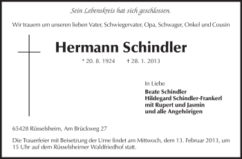 Traueranzeige von Hermann Schindler von Rüsselsheimer Echo, Groß-Gerauer-Echo, Ried Echo