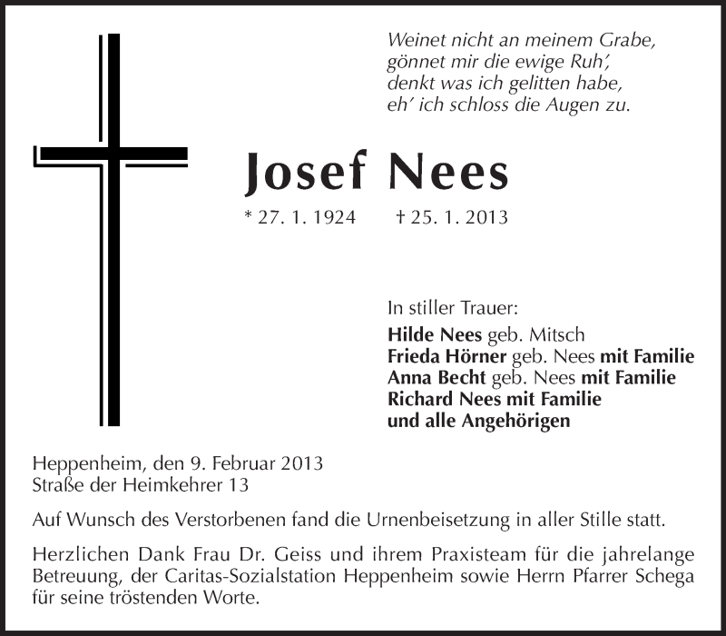  Traueranzeige für Josef Nees vom 09.02.2013 aus Starkenburger Echo