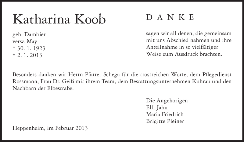  Traueranzeige für Katharina Koob vom 02.02.2013 aus Starkenburger Echo