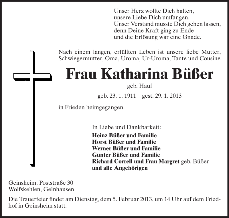  Traueranzeige für Katharina Büßer vom 01.02.2013 aus Rüsselsheimer Echo, Groß-Gerauer-Echo, Ried Echo