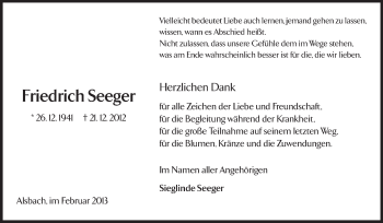 Traueranzeige von Friedrich Seeger von Echo-Zeitungen (Gesamtausgabe)