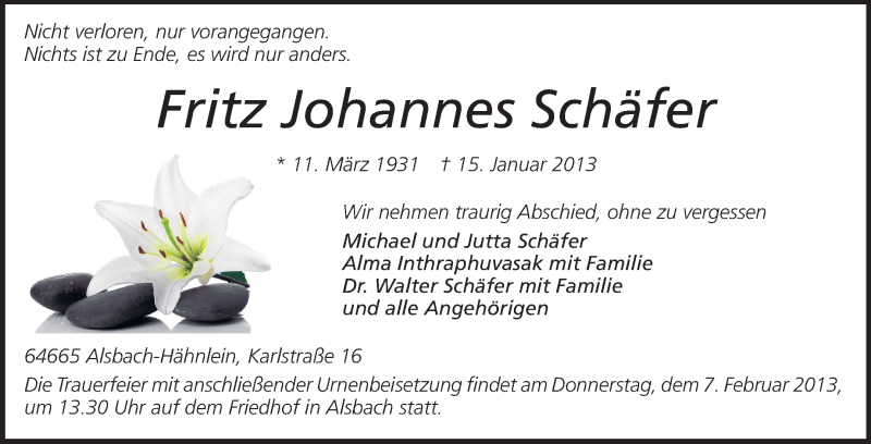  Traueranzeige für Fritz Johannes Schäfer vom 02.02.2013 aus Echo-Zeitungen (Gesamtausgabe)