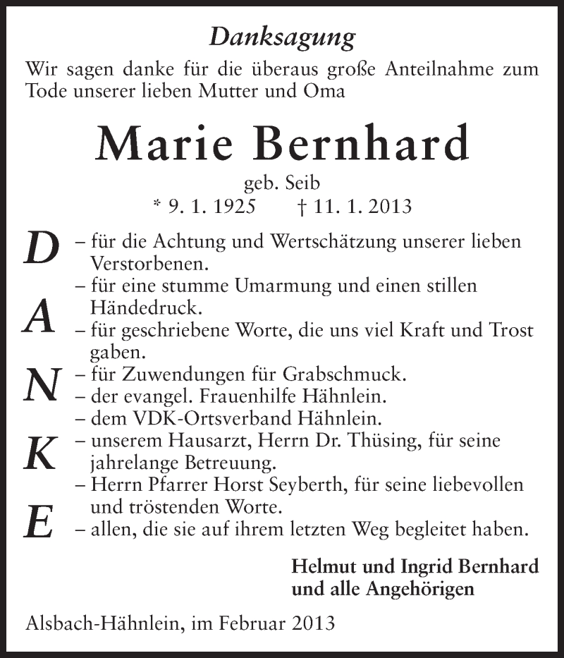  Traueranzeige für Marie Bernhard vom 02.02.2013 aus Echo-Zeitungen (Gesamtausgabe)