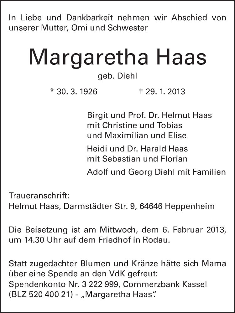  Traueranzeige für Margaretha Haas vom 02.02.2013 aus Echo-Zeitungen (Gesamtausgabe)
