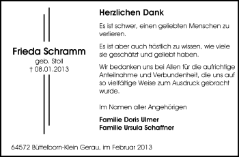 Traueranzeige von Frieda Schramm von Rüsselsheimer Echo, Groß-Gerauer-Echo, Ried Echo
