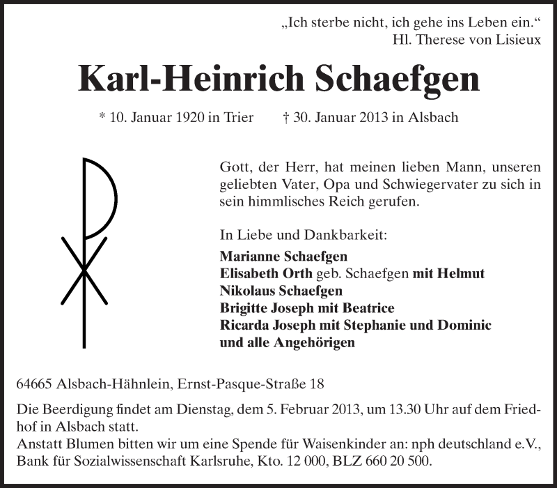  Traueranzeige für Karl-Heinrich Schaefgen vom 01.02.2013 aus Echo-Zeitungen (Gesamtausgabe)
