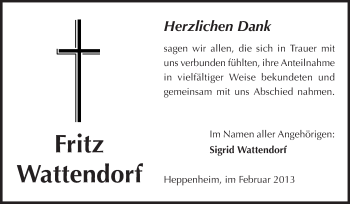 Traueranzeige von Fritz Wattendorf von Starkenburger Echo